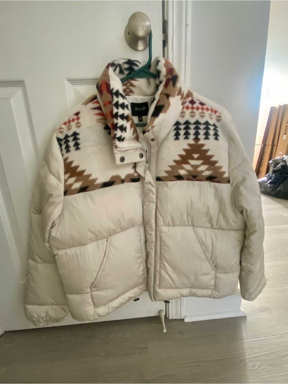 Stoosh Cream Puffer Jacket with Brown & Black Aztec Yoke